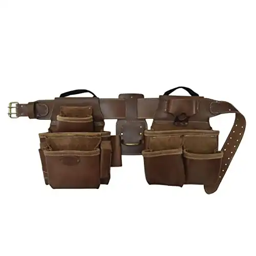 Style n Craft - 4 Piece and 17 Pockets Pro Framer’s Combo, Tool Belt with 2 Tool Pouches and 1 Hammer Holder, Full-Grain Leather Tool Belt Combo, Dark Tan (98434)