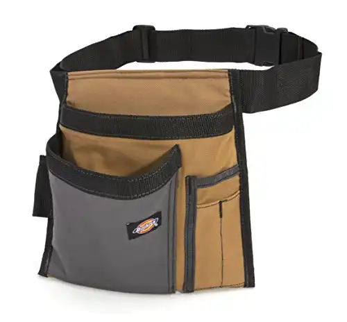 Dickies 5-Pocket Single Side Tool Belt Pouch/Work Apron for Carpenters and Builders, Durable Canvas Construction, Adjustable Belt for Custom Fit, Grey/Tan